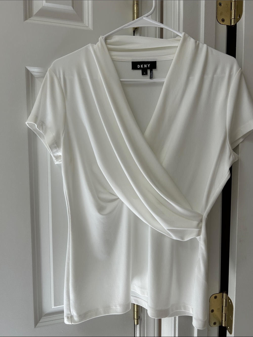 DKNY White Faux-Wrap Short Sleeve Blouse